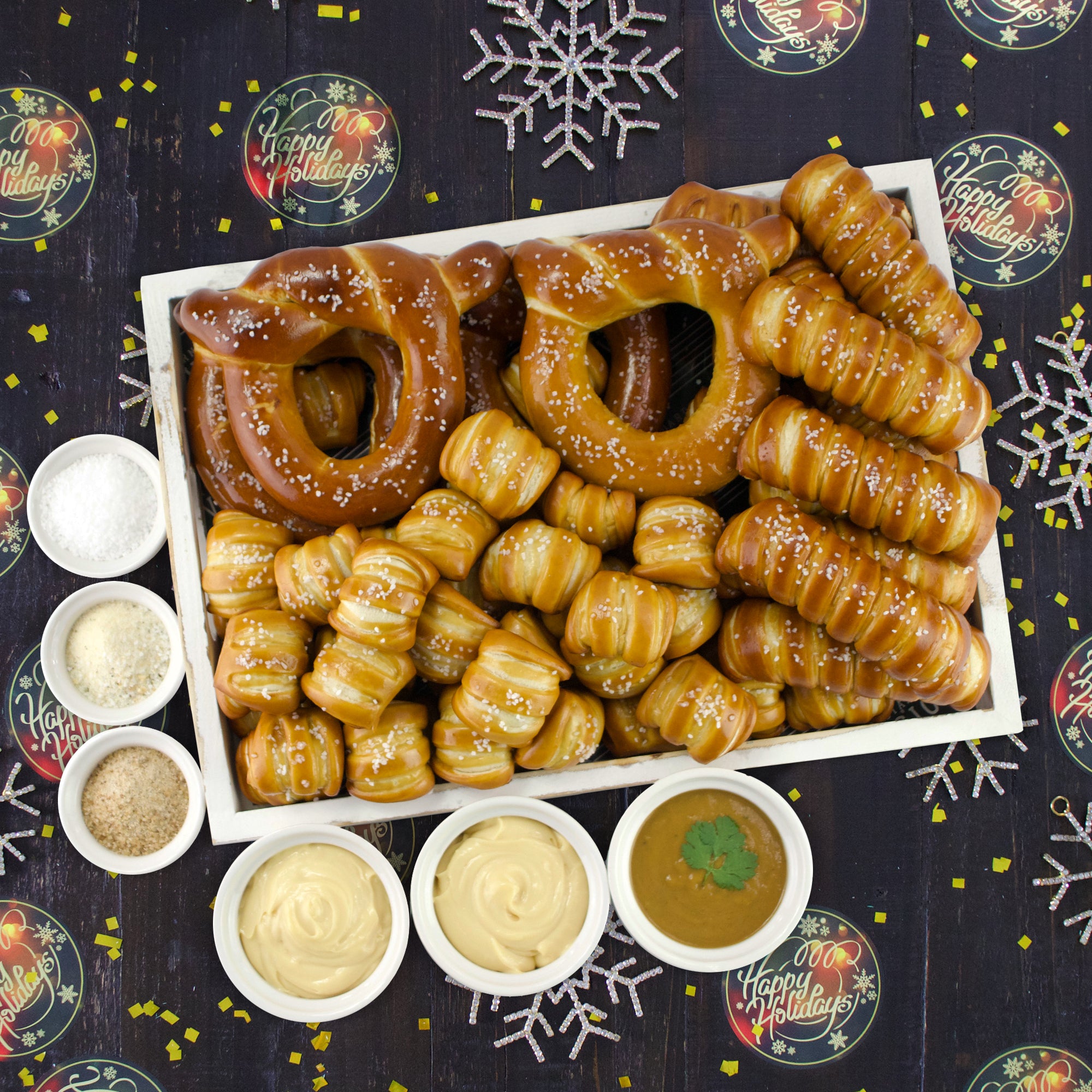 Soft Pretzels, Salts & Sauces Variety Box - Happy Holidays