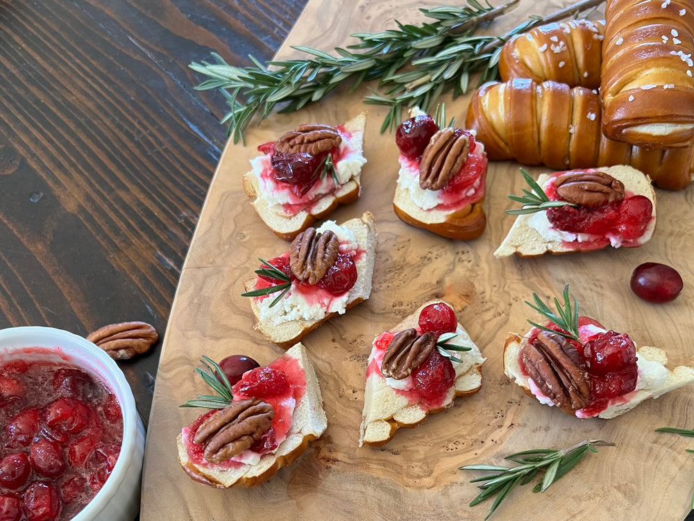 Pecan Goat Cheese Pretzel Crostini