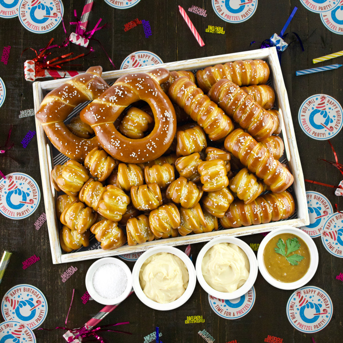 SOFT PRETZELS & SAUCES VARIETY BOX - Happy Birthday