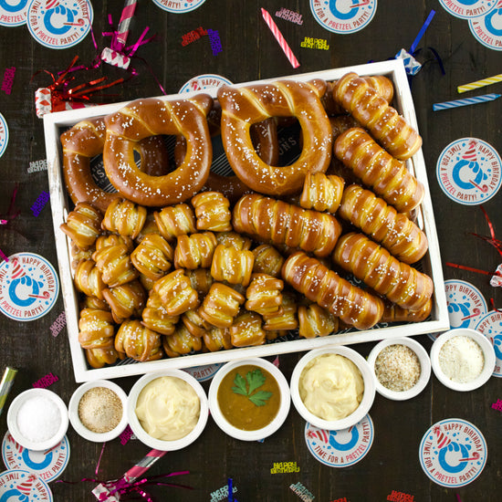 SOFT PRETZELS, SALTS & SAUCES VARIETY BOX - Happy Birthday