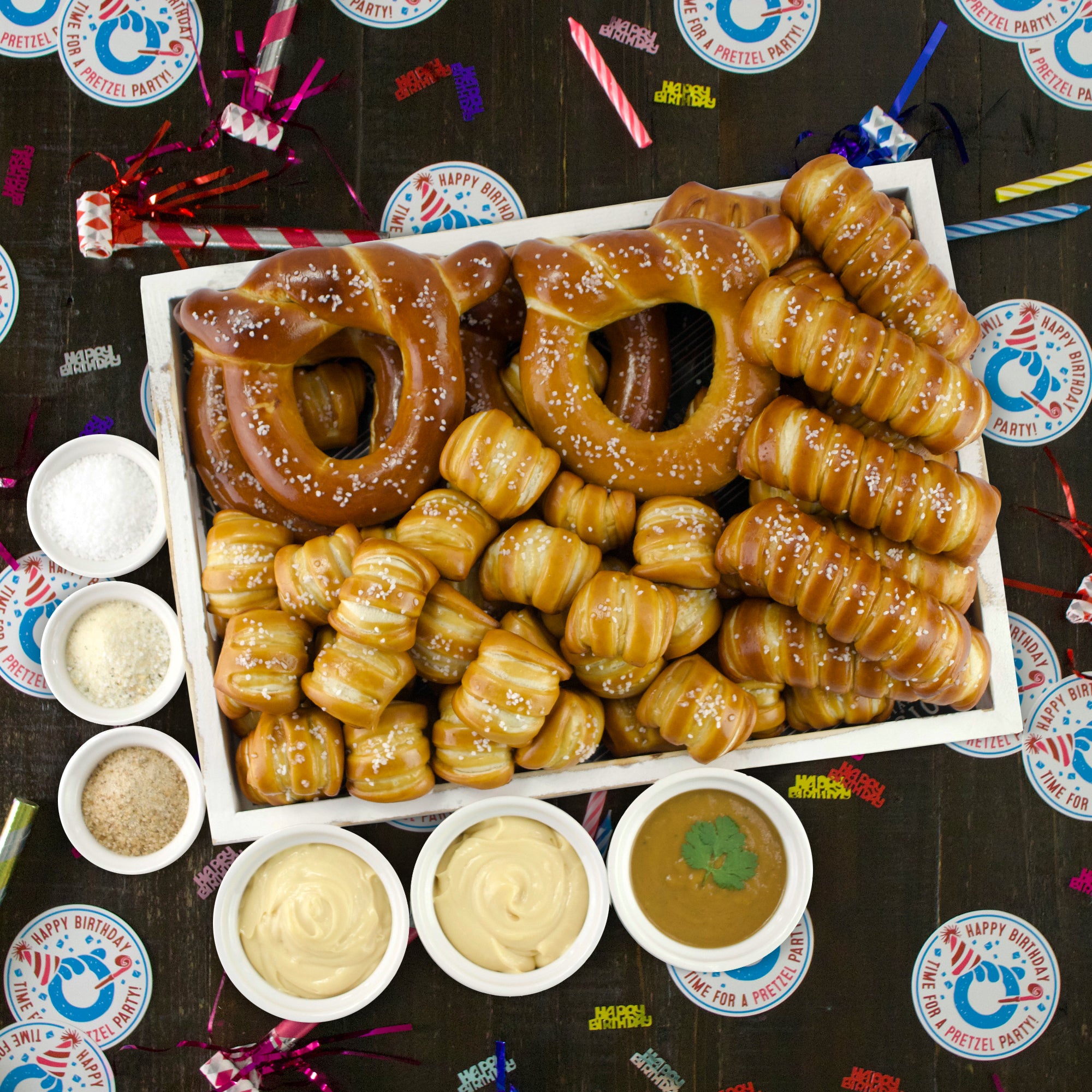 SOFT PRETZELS, SALTS & SAUCES VARIETY BOX - Happy Birthday
