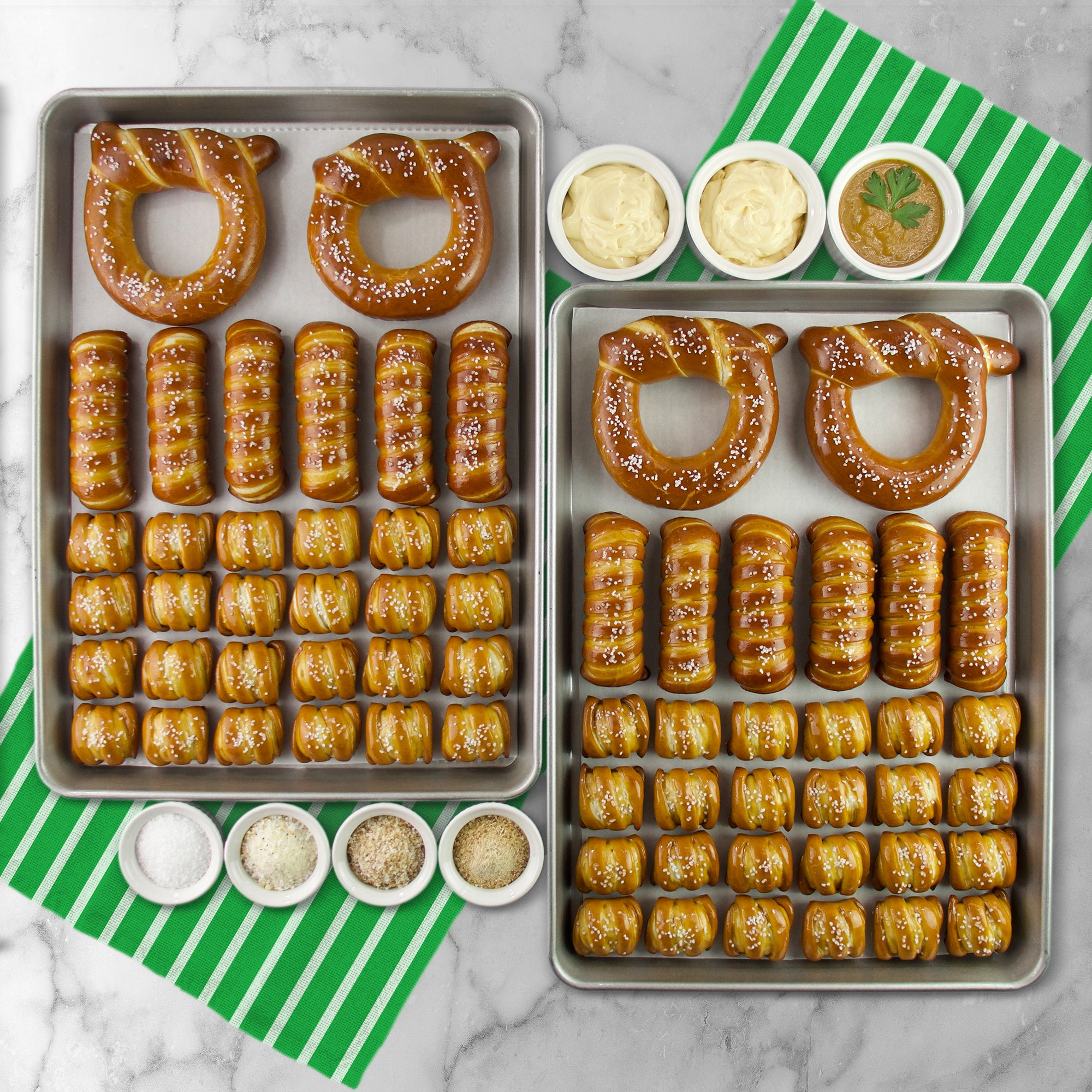 SOFT PRETZELS, SALTS & SAUCES VARIETY BOX - Game Day
