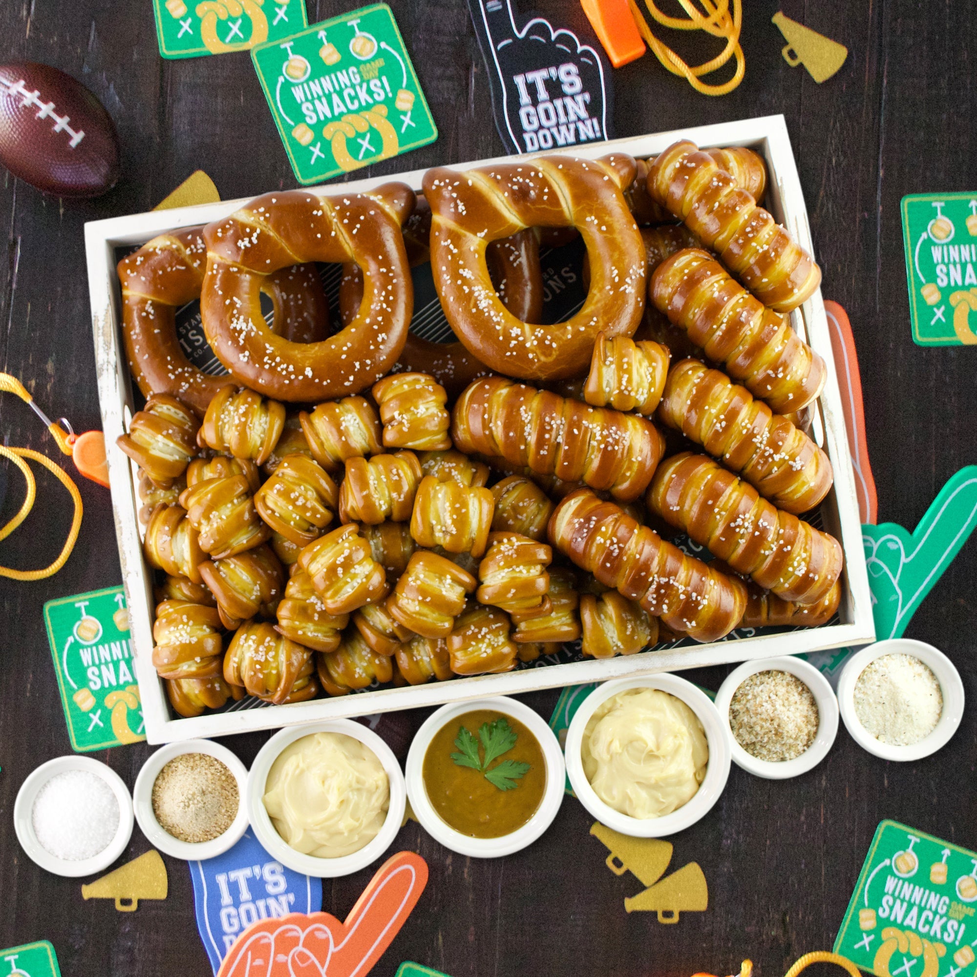 SOFT PRETZELS, SALTS & SAUCES VARIETY BOX - Game Day