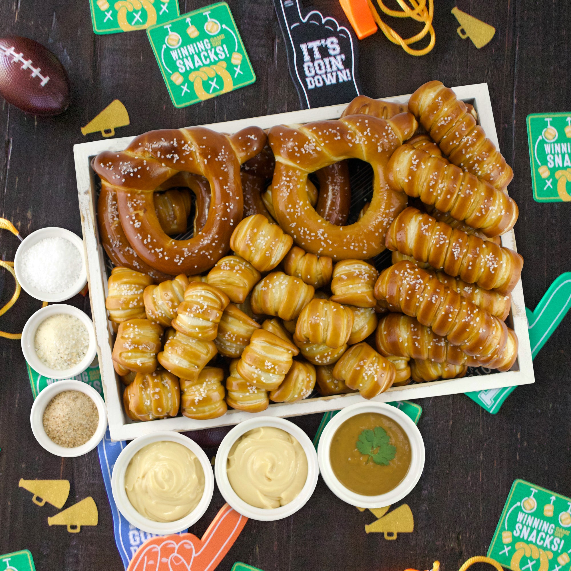 SOFT PRETZELS, SALTS & SAUCES VARIETY BOX - Game Day