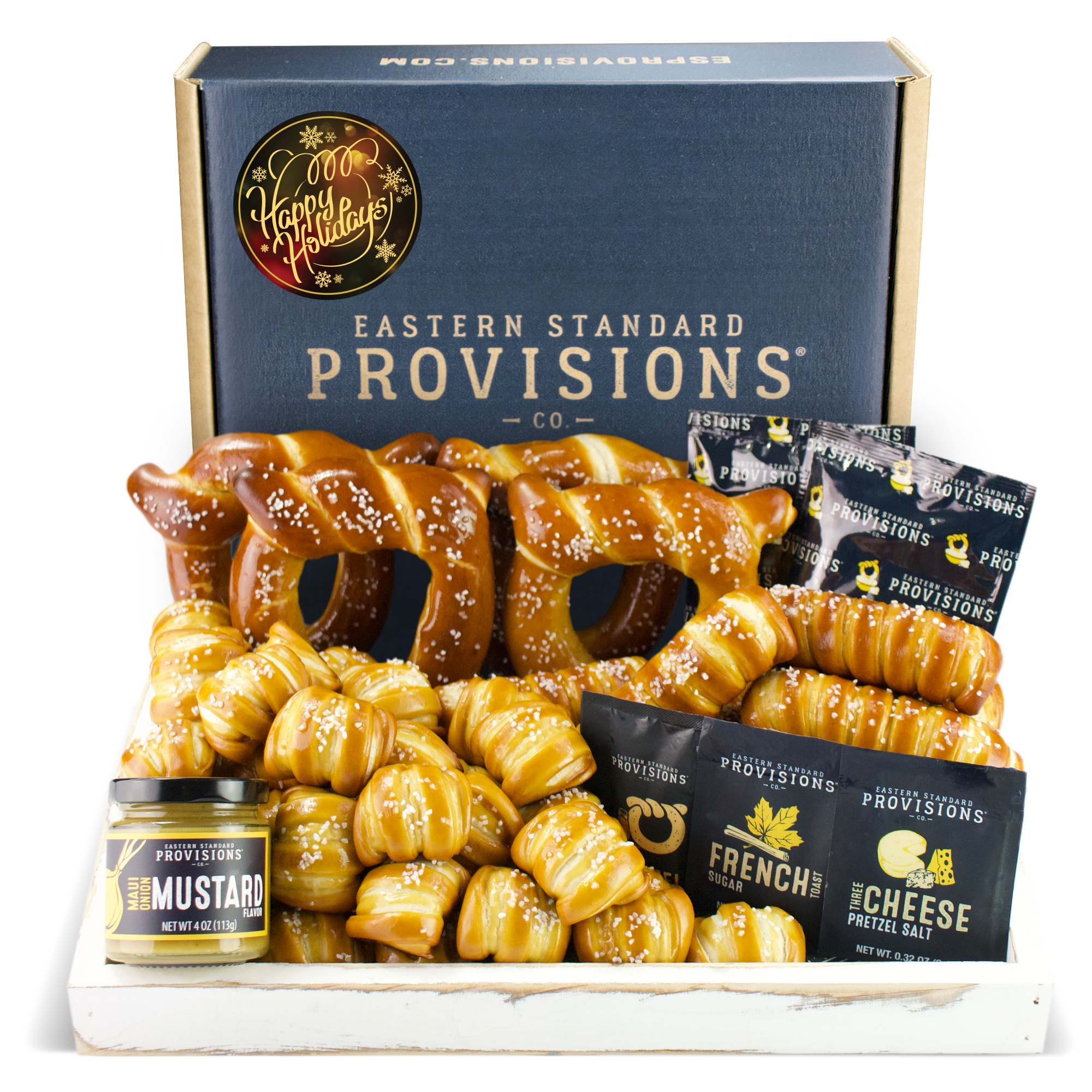 SOFT PRETZELS, SALTS & SAUCES VARIETY BOX - Happy Holidays