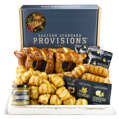 SOFT PRETZELS, SALTS & SAUCES VARIETY BOX - Happy Holidays