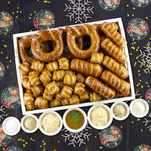 SOFT PRETZELS, SALTS & SAUCES VARIETY BOX - Happy Holidays