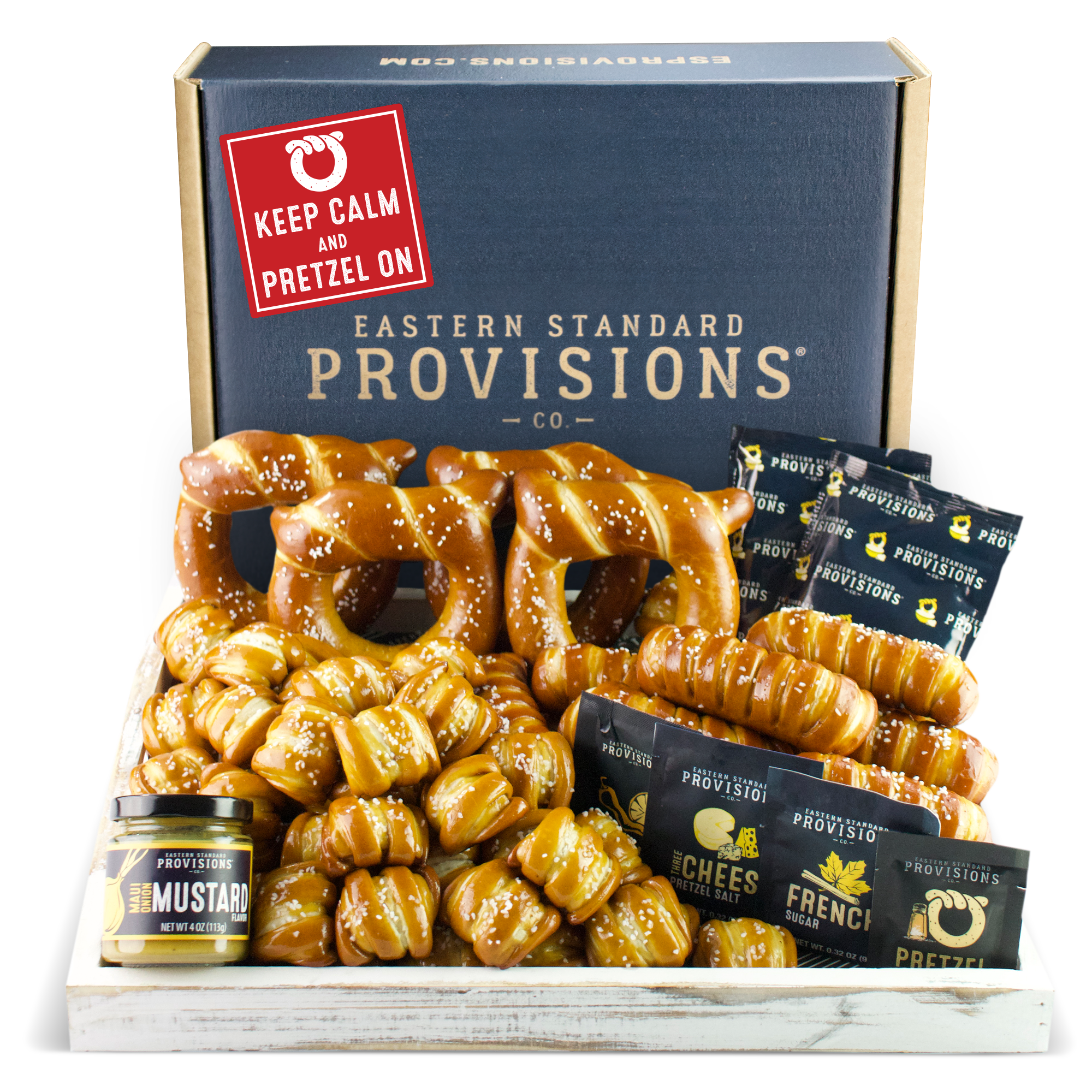 SOFT PRETZELS, SALTS & SAUCES VARIETY BOX - Keep Calm & Pretzel On