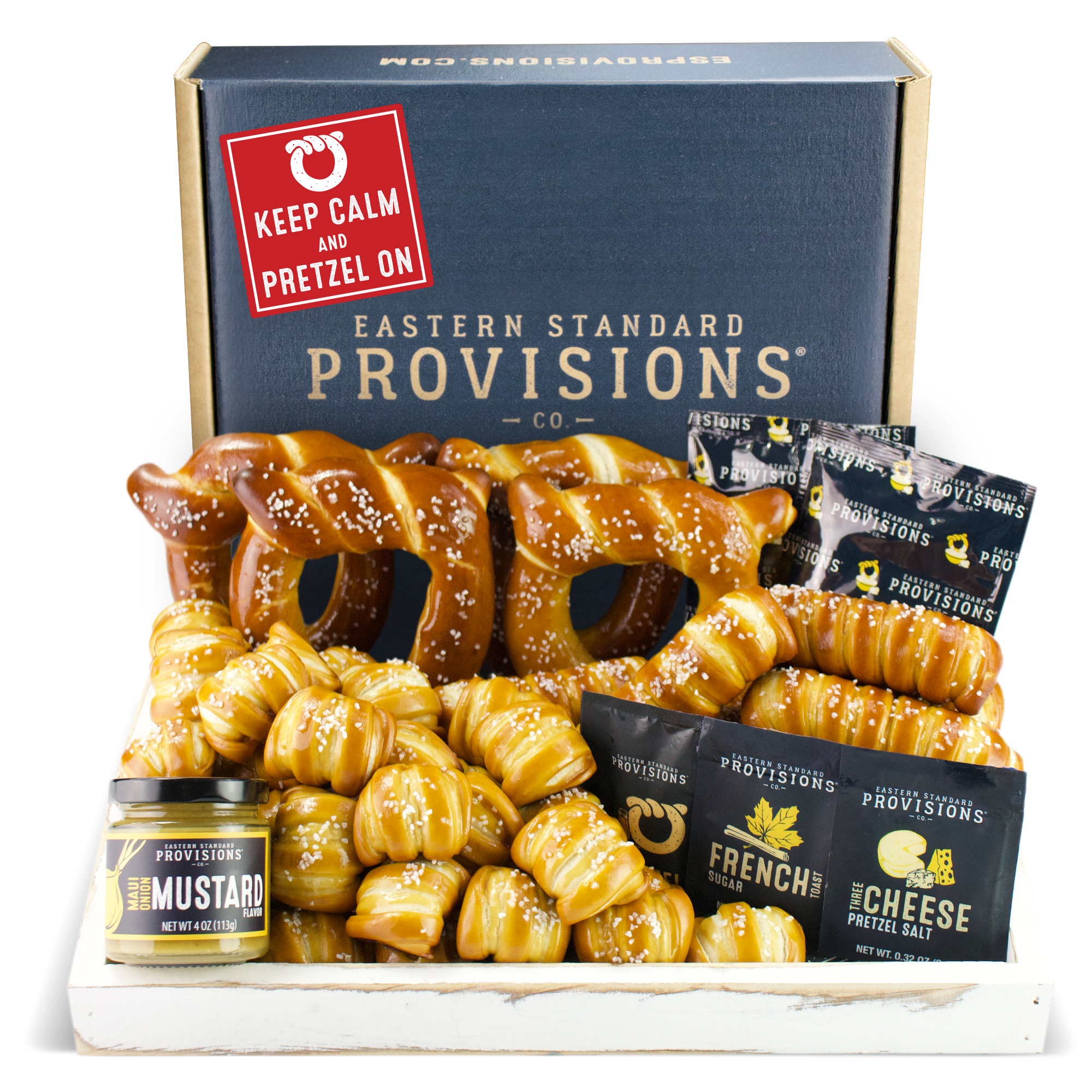 SOFT PRETZELS, SALTS & SAUCES VARIETY BOX - Keep Calm & Pretzel On