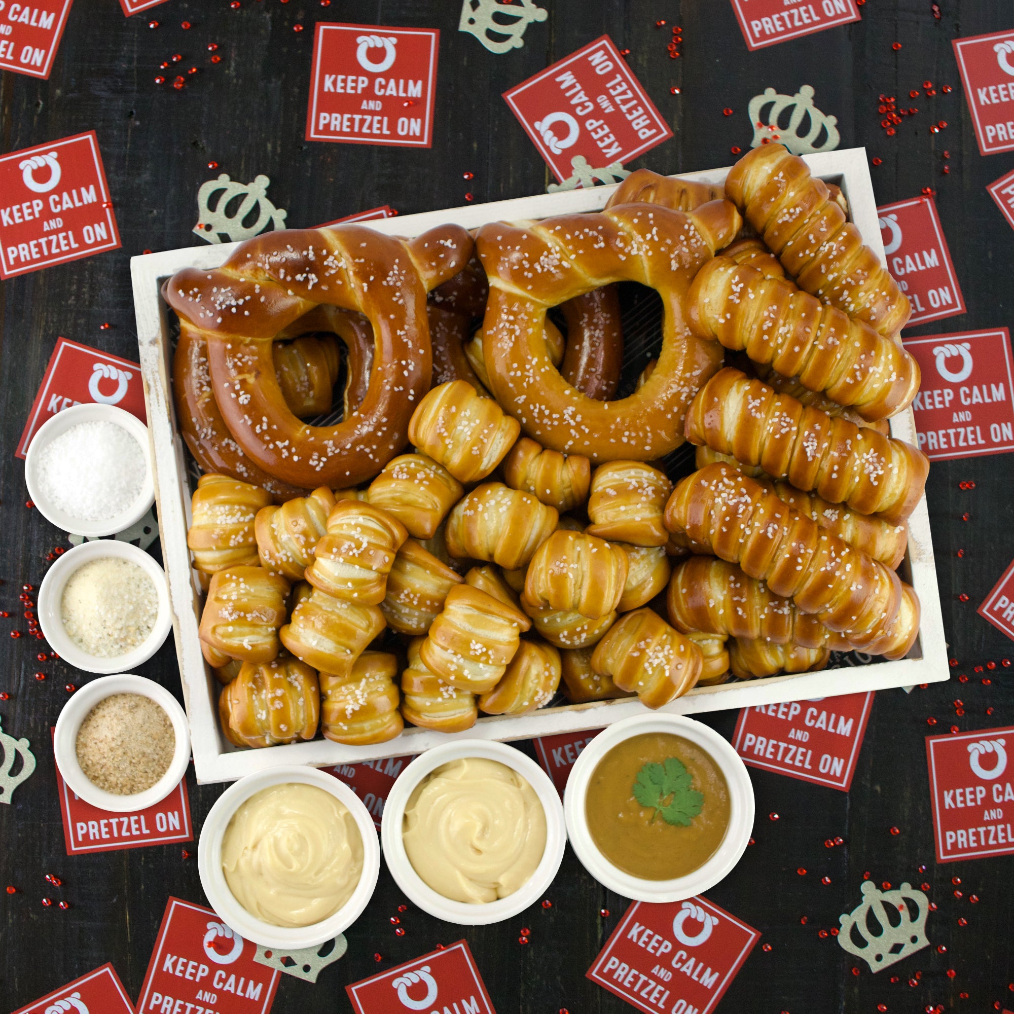 SOFT PRETZELS, SALTS & SAUCES VARIETY BOX - Keep Calm & Pretzel On