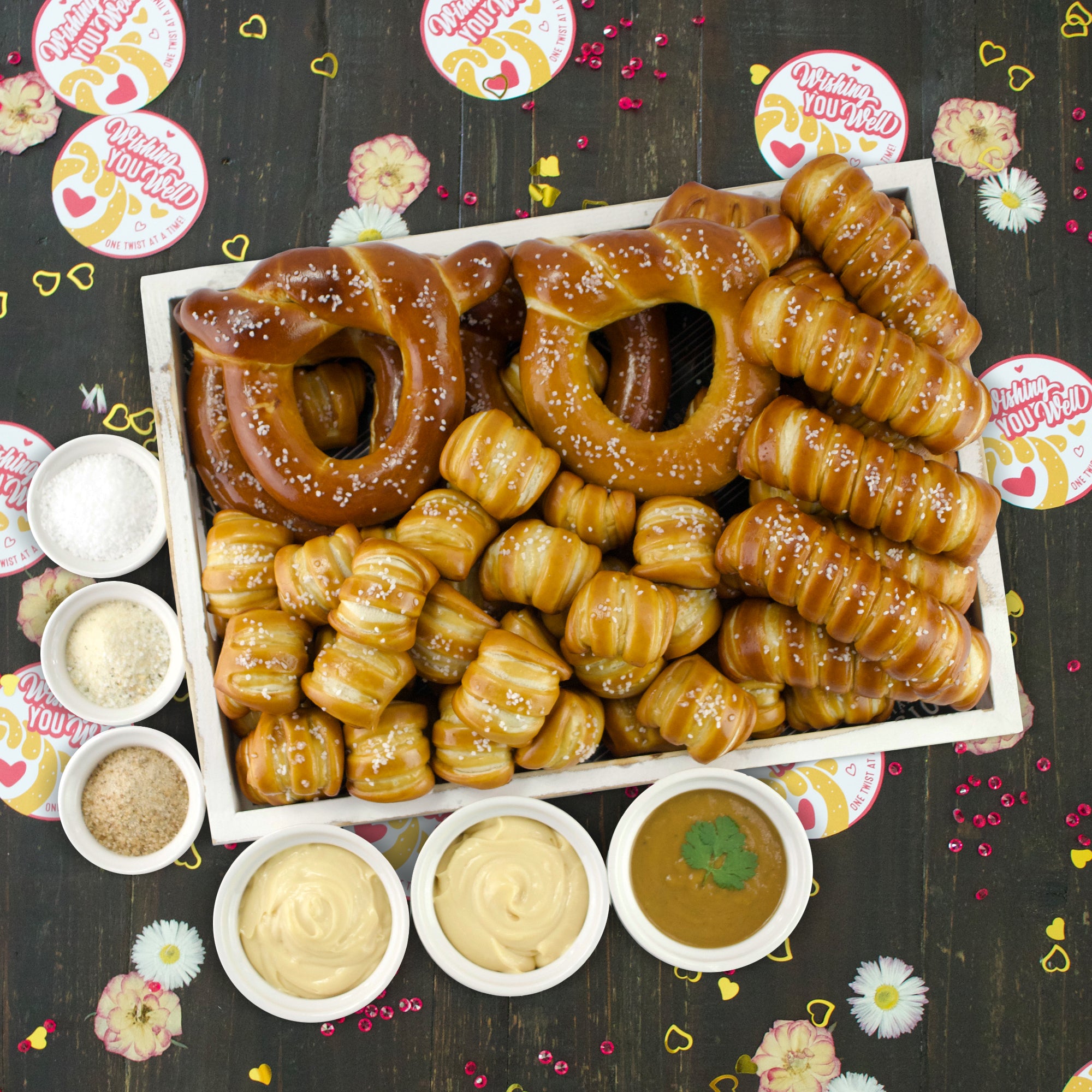 SOFT PRETZELS, SALTS & SAUCES VARIETY BOX - Well Wishes