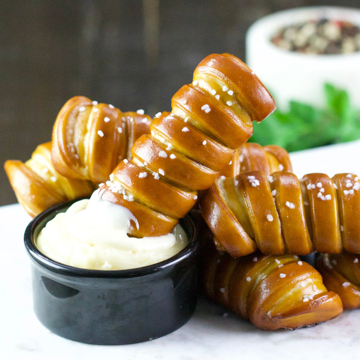 Turnbuckle Soft Pretzel Sticks with White Cheddar Cheese Sauce